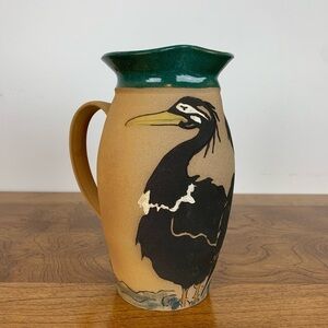 Studio Art Pottery Pitcher Vase Heron Crane Signed Artist Quebec Vtg Black Green